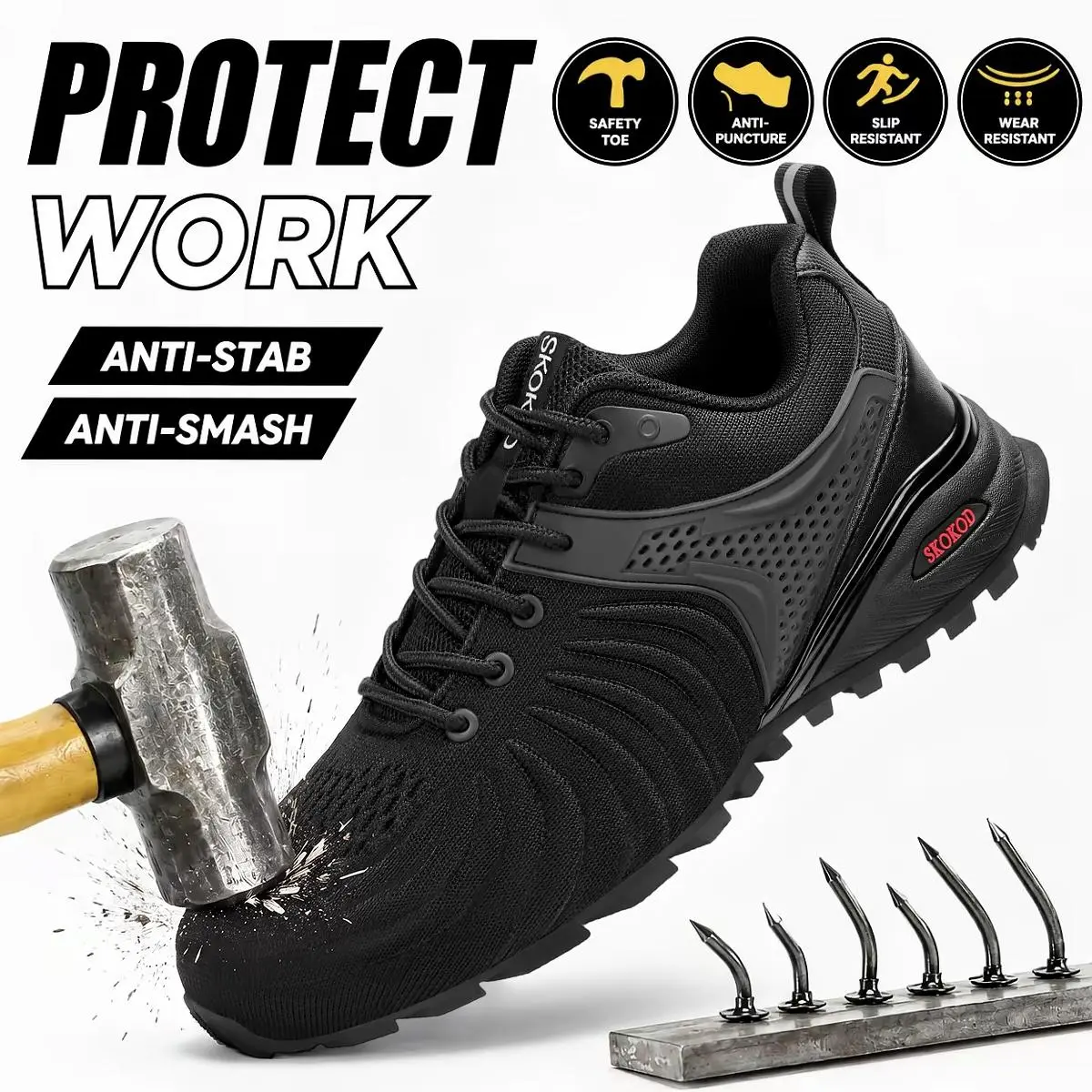 SKOKOD Men's Steel Toe Work Safety Shoes - Composite Toe, Puncture-Proof, Lightweight, Breathable, Nonslip, Durable, Comfortable Casual Walking Shoes for Workers, daily Outdoor Nonslip Work Footwear, Nonslip Work walk Shoes Design