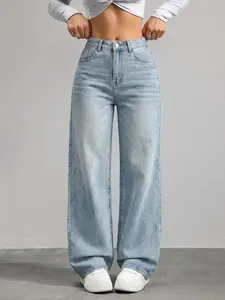 Women's Mid-Waist Pocket Loose Fit Wide Leg Casual Denim Jeans, Comfortable Winter Pants, Stylish Plain Design, Perfect for Daily Wear