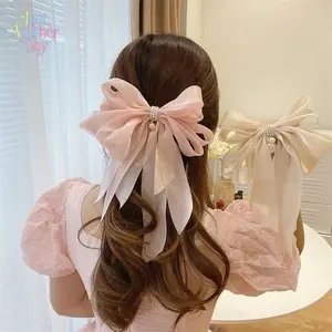 2pc Romantic Sheer Organza Bow Hair Clip with Flowing Ribbons, Pastel Pink & Champagne Colors with Pearl Embellishments, Versatile Spring Barrette for Ponytails
