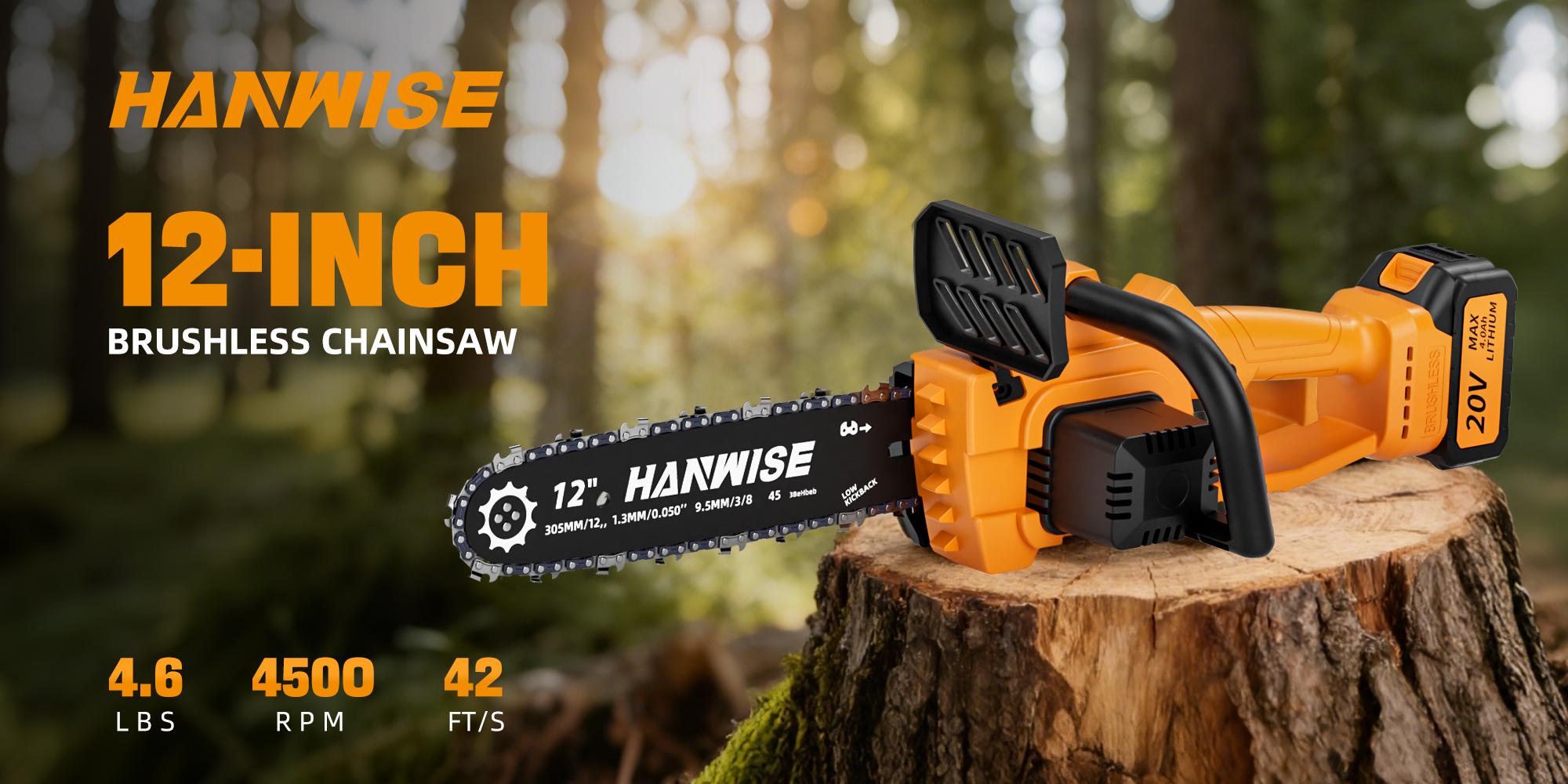HANWISE 12 inch brushless electric chain saw, enhanced handheld design, with wireless and portable functions. Suitable for cutting wood, pruning trees, and maintaining courtyards and gardens. It is an excellent gift choice for men and husbands.