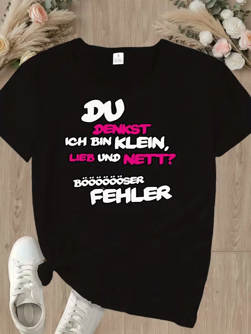 Womens Du Denkst Ich Bin Klein Lieb Und Nett Letter Printed T- Shirt, Short Sleeve Crew Neck Casual Top for Summer& Spring, Women' S Clothing