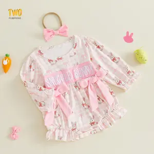 Newborn Baby Girl Easter Outfit Snuggle Bunny Smocked Romper Puff Sleeves Bow Shirts Onesie 2pcs Spring Clothes 0-18m