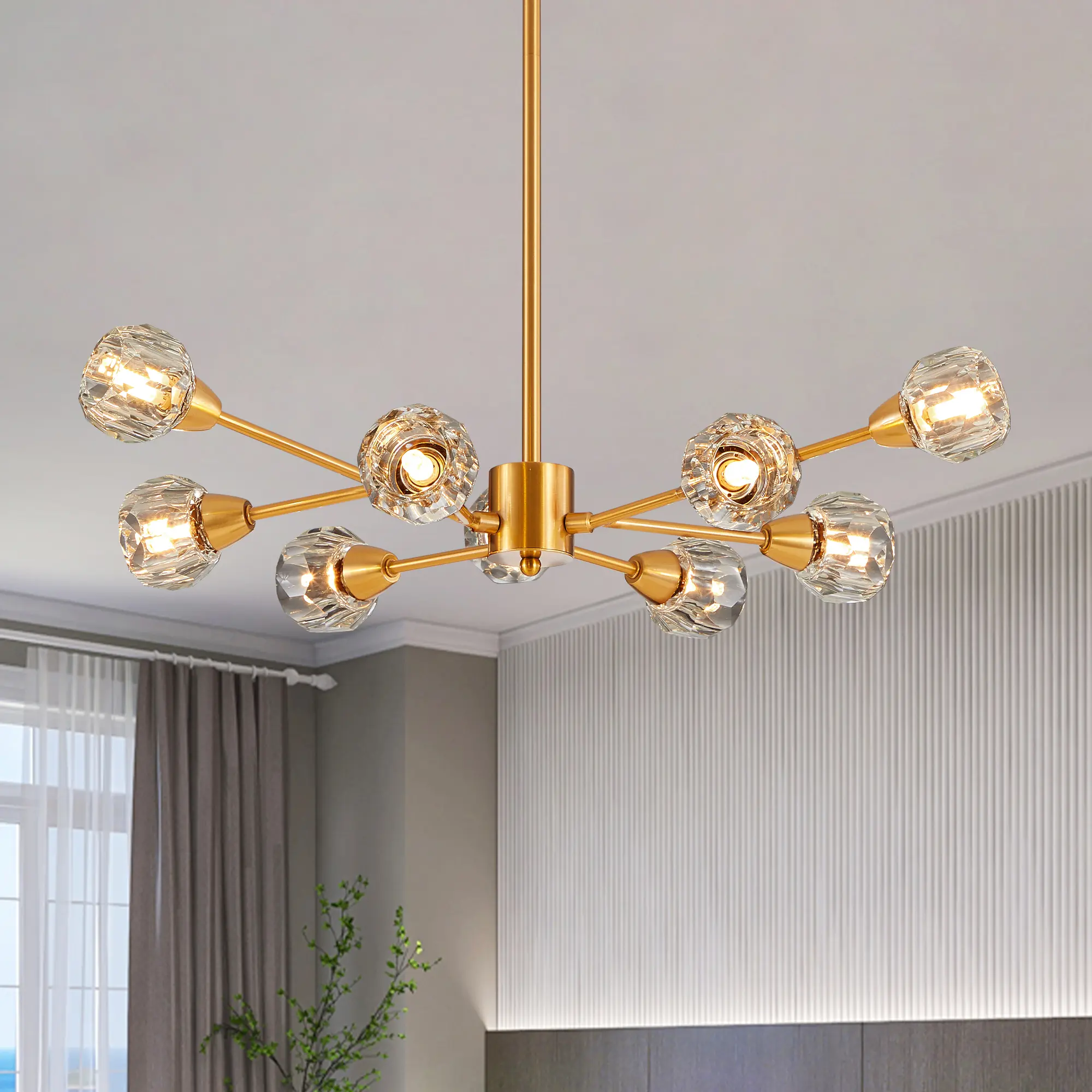 28-Inch Globe Crystal Diamond Chandelier, 9-Light Golden Iron Fixture with Chrome Accents, G9 Sockets, Bulbs Not Included, Ideal for Dining Room, Living Room, Bedroom, Kitchen Island, Entryway, Bar