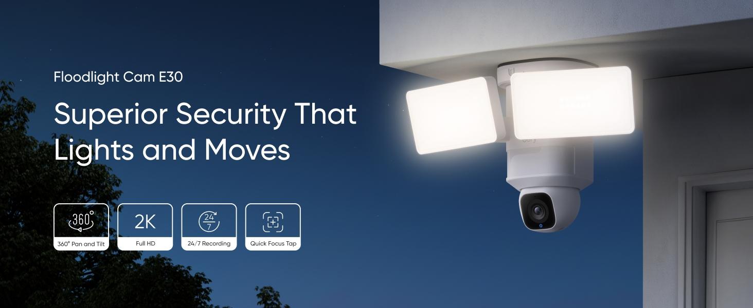 eufy Floodlight Camera E30, Security Camera Outdoor, CCTV-Style 360° Pan and Tilt, AI Detection and Tracking, 2K Video, 2.4GHz Wi-Fi, 2,000 Lumens, Custom Voice and Light Alerts, 24/7 Recording, No Monthly Fee｜Spingtok