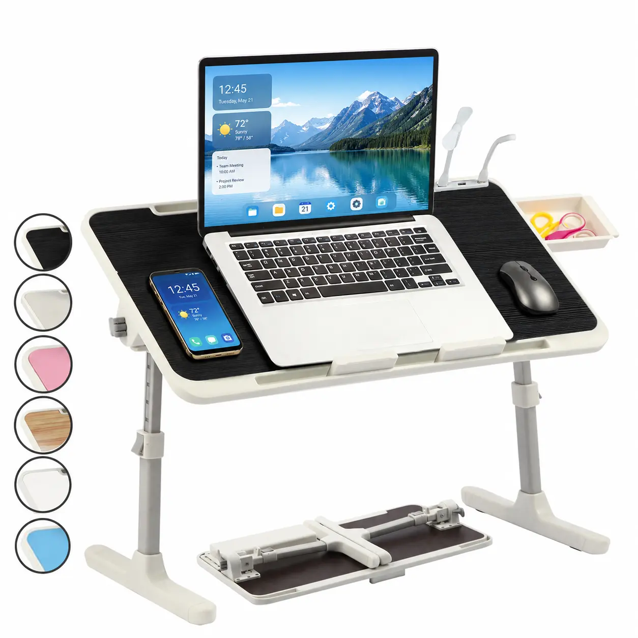 PHANCIR Adjustable Lap Desk with 3 USB Ports , Laptop Stand Bed Tray with Mini Fan/Light, Foldable Laptop Desk with Storage Drawer