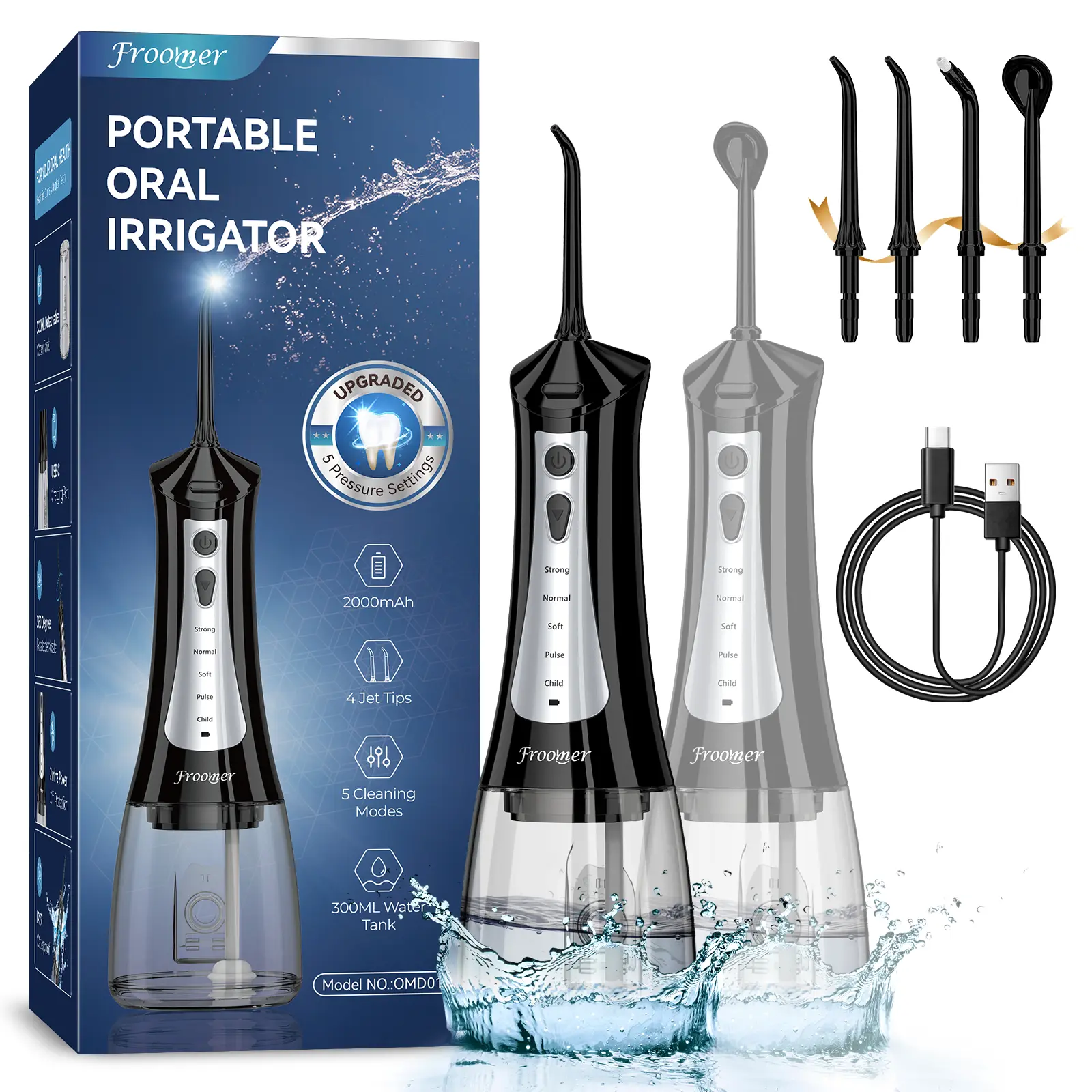 Cordless Water Flosser Teeth Cleanser for Plaque Removal, 5-Mode Rechargeable Oral Irrigator, Lightweight & Gentle for Sensitive Gums, Black, Teeth Cleaner, Oral Care