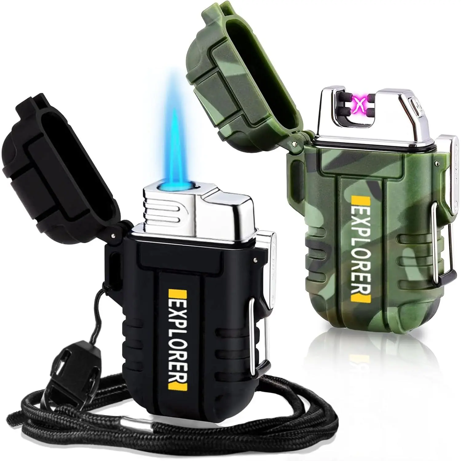 2 Pack Waterproof Lighter Outdoor Windproof Torch Lighters Dual Arc Butane Electric Lighters USB Rechargeable Lighters Flameless Plasma Lighter  Hiking Adventure Survival Tactical Gear camping durable brightness