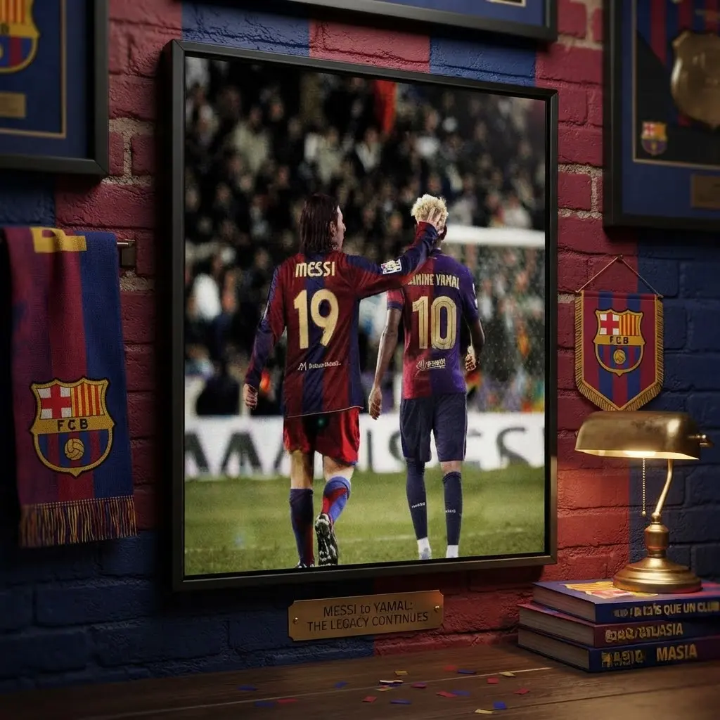 Messi & Lamine Yamal Framed Canvas Wall Art - Barcelona 2 Legends Back View Stadium Match Day Portrait - Collectible Home Decor Gift For Barca Fans