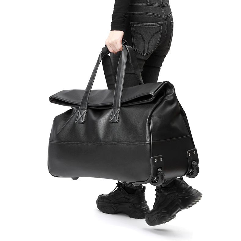 Faux Leather Rolling Duffel Bag Wheeled Weekender Travel Luggage with Telescopic Handle