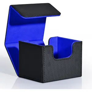 Card Deck Box for MTG, Commander Deck Case Holds 120+ Single Sleeved Cards, Leather Magnetic Storage Box Fits for CCG TCG Sport Card (Black& Blue)