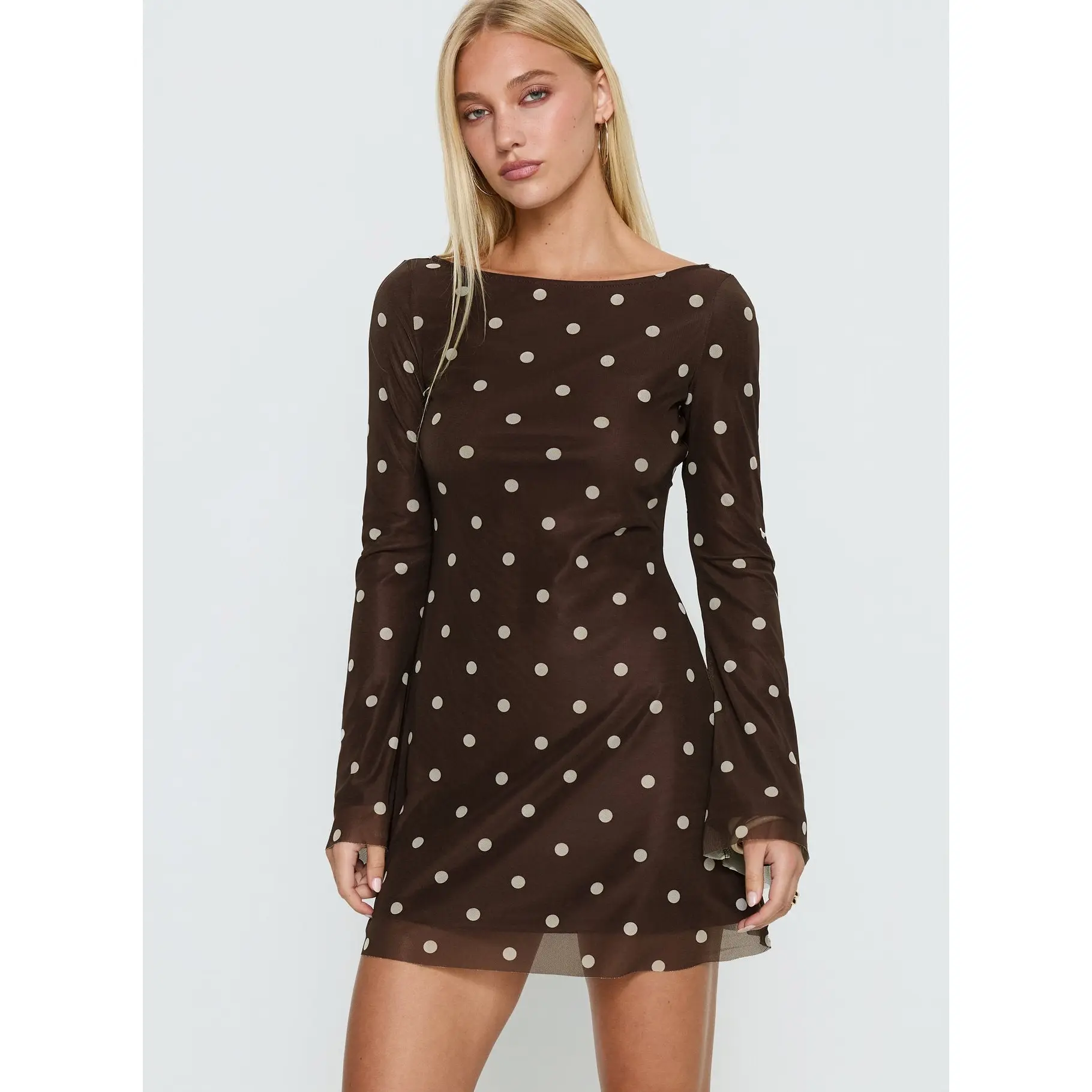Lukea Long Sleeve Mini Dress Brown Polka Dot - TikTok Shop