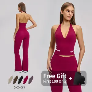 NVWA Mother's Day Gifts,Women's sexy deep V backless tank top and high-waisted flared pants, skin-friendly and breathable summer sportswear, suitable for gym workouts, yoga, running, and other stylish sportswear stylish activewear