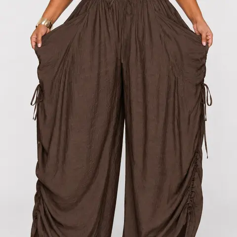 Sculpt Touch Women’s Oversized Ruched Wide Leg Pants Casual Drawstring Palazzo Pants Loose Flowing Trousers for Vacation Lounge Daily Wear Chic Minimalist