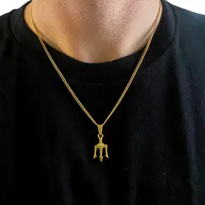 Premium 316L Stainless Steel Trident Pendant Necklace (Gold) with Sweater, Water and Heat Resistant Gold Plated Rope Chain
