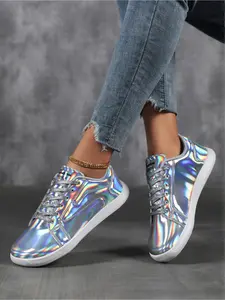 Women's 1 Pair Shiny Silver Sneakers, Streetwear Style Wide Toe Non-Slip Commuter Casual Shoes