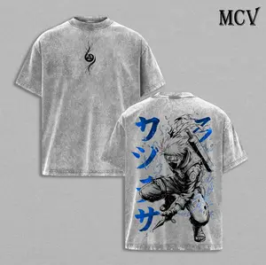 Kakashi Hatake Washed Tee – Naruto Anime Sharingan Copy Ninja Hidden Leaf Shinobi Streetwear Heavy Cotton Double Printed Graphic T-Shirt Unisex Oversize