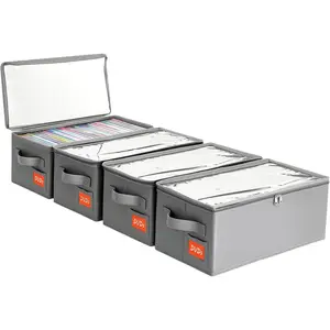 DVD Storage Box – DVD Case with Clear PVC Lid – DVD Shelf Organizer for 25 Standard DVD Cases – Foldable & Stackable Media Storage Solution – 4Pack(Gray)