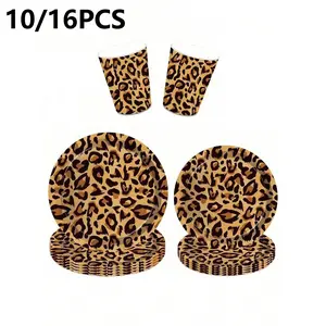 Leopard Print Party Tableware Set, Disposable 8-Person Leopard Pattern Birthday Decor, Wildlife Theme Party Supplies, Home Picnic, Celebration Gifts