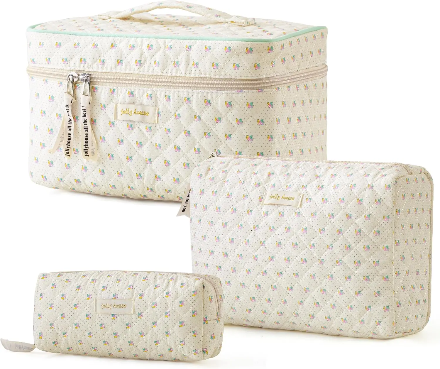 Quilted Makeup Bag, 3Pcs Cotton Large Travel Makeup Bags Organizer
