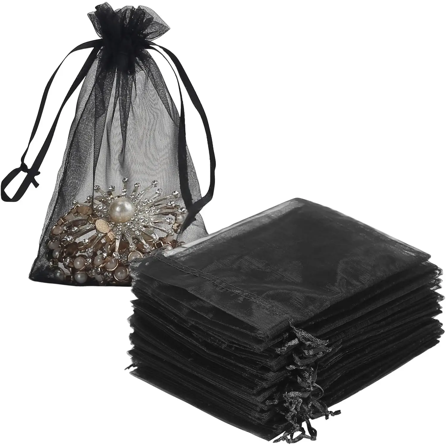 A Set of 200 Pcs Black Organza Gift Bags,4x6 inch Sheer Jewelry Pouches with Drawstring for Party Favors,Small Business & Candy,Halloween Christmas Gifts,Hand Tools Kits