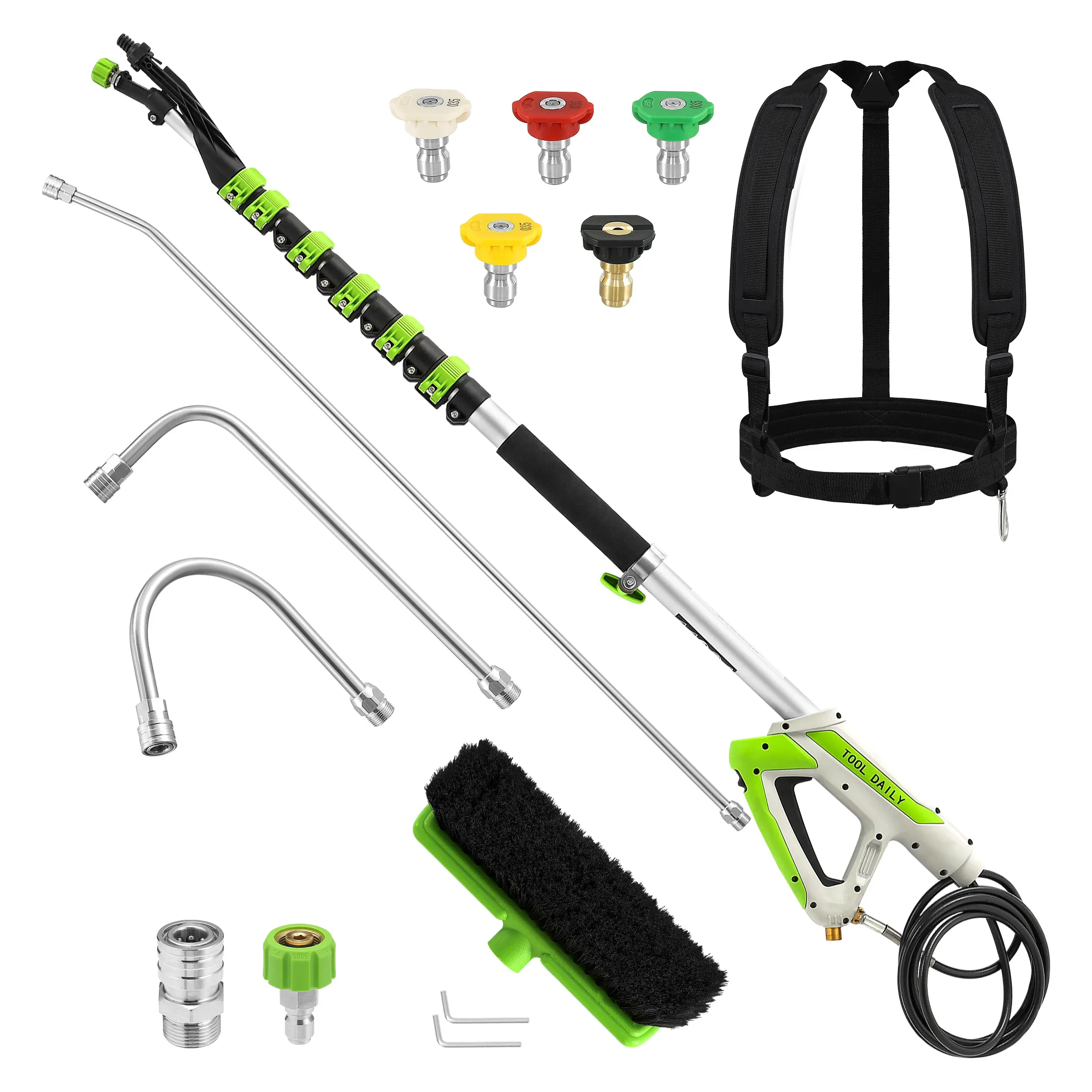 Tool Daily 21FT Aluminum Telescoping Wand Power Washer Attachment - Belted Multi-Angle Gutter Cleaner, 3 Curved Rods, Brush, 5 Sprayer Nozzle Tips, Adjustable Belt, 4000 PSI, for Gutters & Handheld Pressure Washers, Father's Day Gift