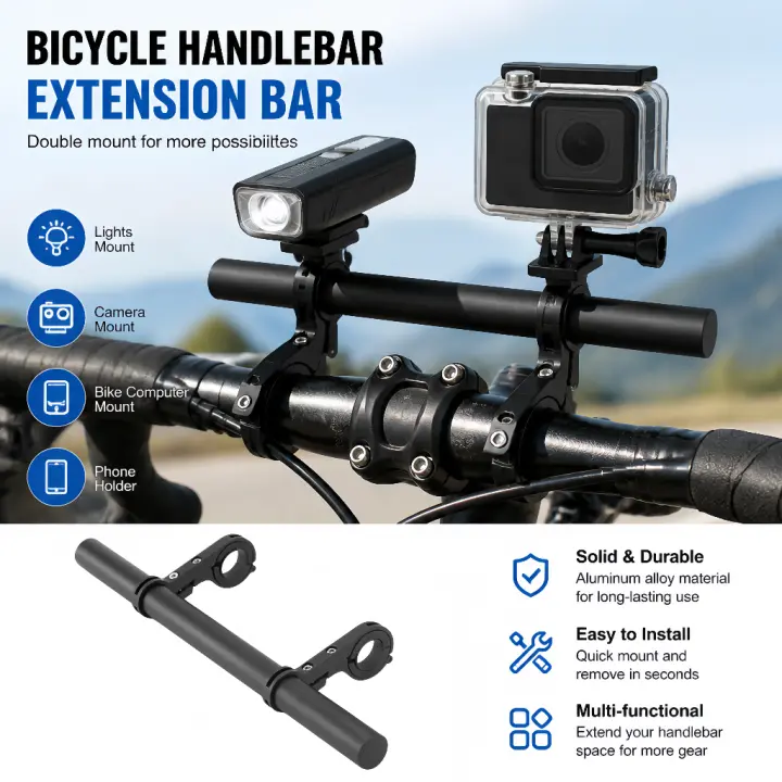30cm Black Aluminum Bike Handlebar Extender, 4 Pcs Double Extension Mount Bracket with Hex Wrench Universal Bike Accessory Fits 18-31mm Handlebars for Light Phone Speedometer Horn