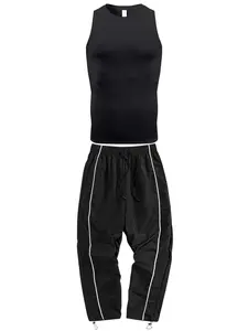 Men's Athletic 2 Piece Set for Summer Gym Workout Fitness Running, Round Neck Sleeveless Compression Shirt Tight Fit Tank Top Vest + Drawstring Elastic Waist Pants with Adjustable Cuffs Sporty Casual Trousers Sweatpants with Side Pocket