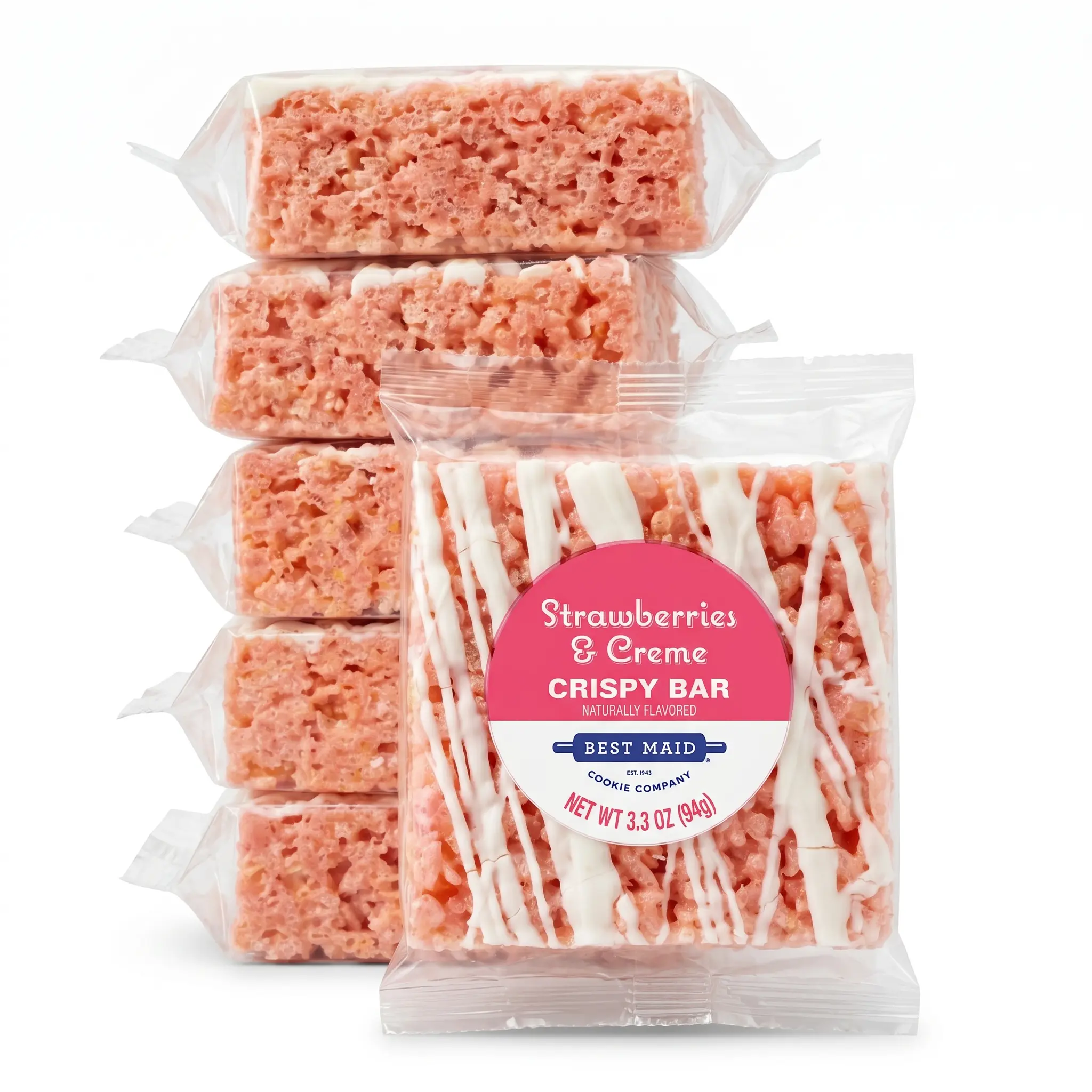 Strawberries & Creme Marshmallow Crispy Treat Bars, 6 Pack, Individually Wrapped, Large 3.3 oz Snack Bars with White Drizzle