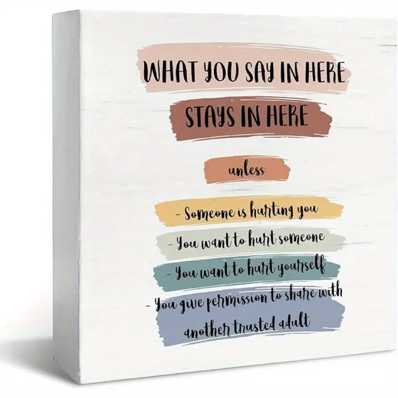 Therapy Office Decor, Classroom Desk Decor, Boho Mental Health Classroom Decorations Calming Decor, Nursery Therapy Office Desk Decor of What You Say In Here Stays In Here, 5x5 Inch