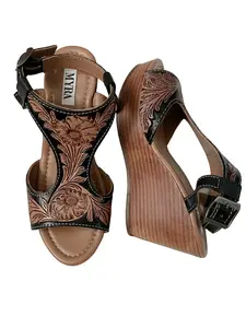 Women's Stylish Fashion Leather Footwear, Talitha Hand-Tooled Wedge Heels - Western Cowgirl Peep-Toe Heels Classy