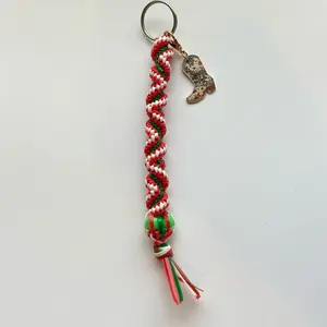 Viva La Cowgirl Rexlace Keychain - Red White Green Braided Rope with Boot Charm and Tassel Decoration