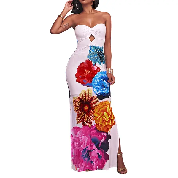 Flamingals Floral Print Twist Hollow Out Split Maxi Dress- Stylish Unique Design with Hollow Out Detail & Split for Modern Fashion
