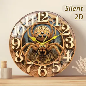 Silent Wooden/rounded Glass Wall Clock, Spider Design, Battery Operated (non-Included), Modern Style Decor for Home & Office