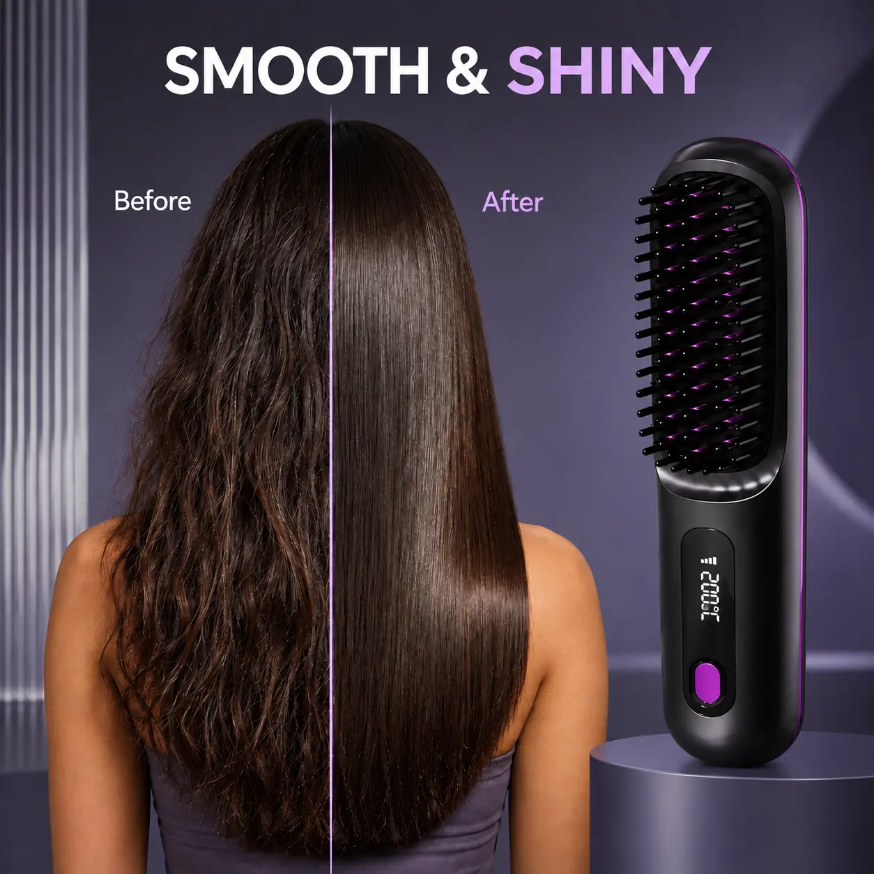Portable Wireless Hair Straightening Brush - USB rechargeable, 3 temperature settings, ionic technology, long-lasting shine, LED display, lightweight, perfect for travel, comes with a comb and clips