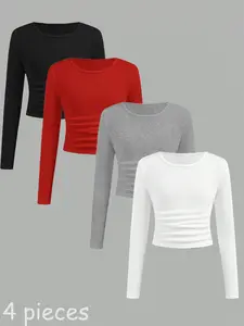 Girls' Solid Crew Neck Long Sleeve Slim Fit Basic Top 4-Pack, minimalist, elegant and cool, perfect for music festivals, parties and daily wear, all-season comfort, inner/outer wear, easy care