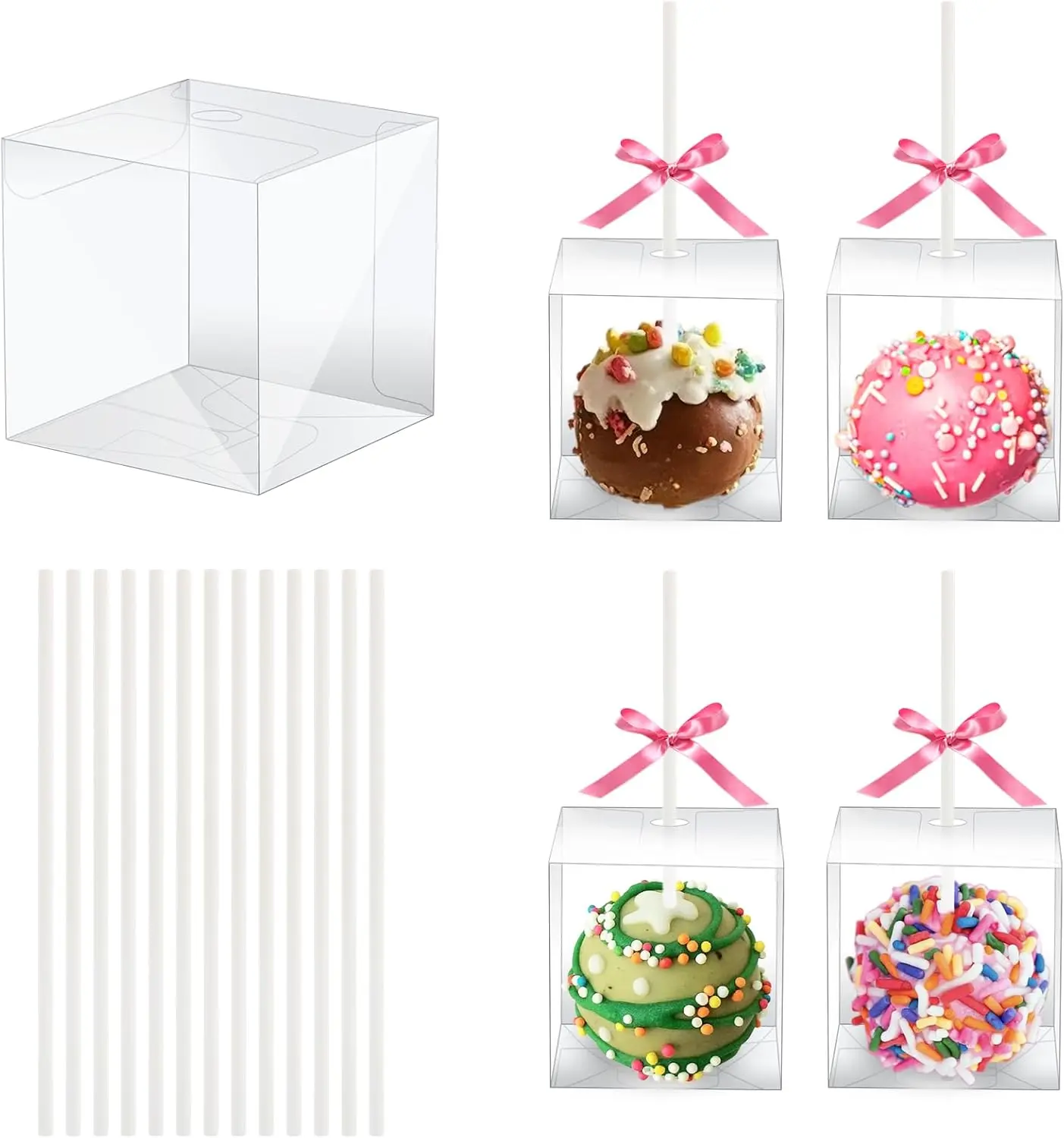 35 Set Cake Pop Boxes with Paper Sticks Kit: Clear  Container with Holes for Candy, Macaron, Lollipop Packaging, Mini Plastic Cakepop Wrapping for Wedding Party Birthday Christmas