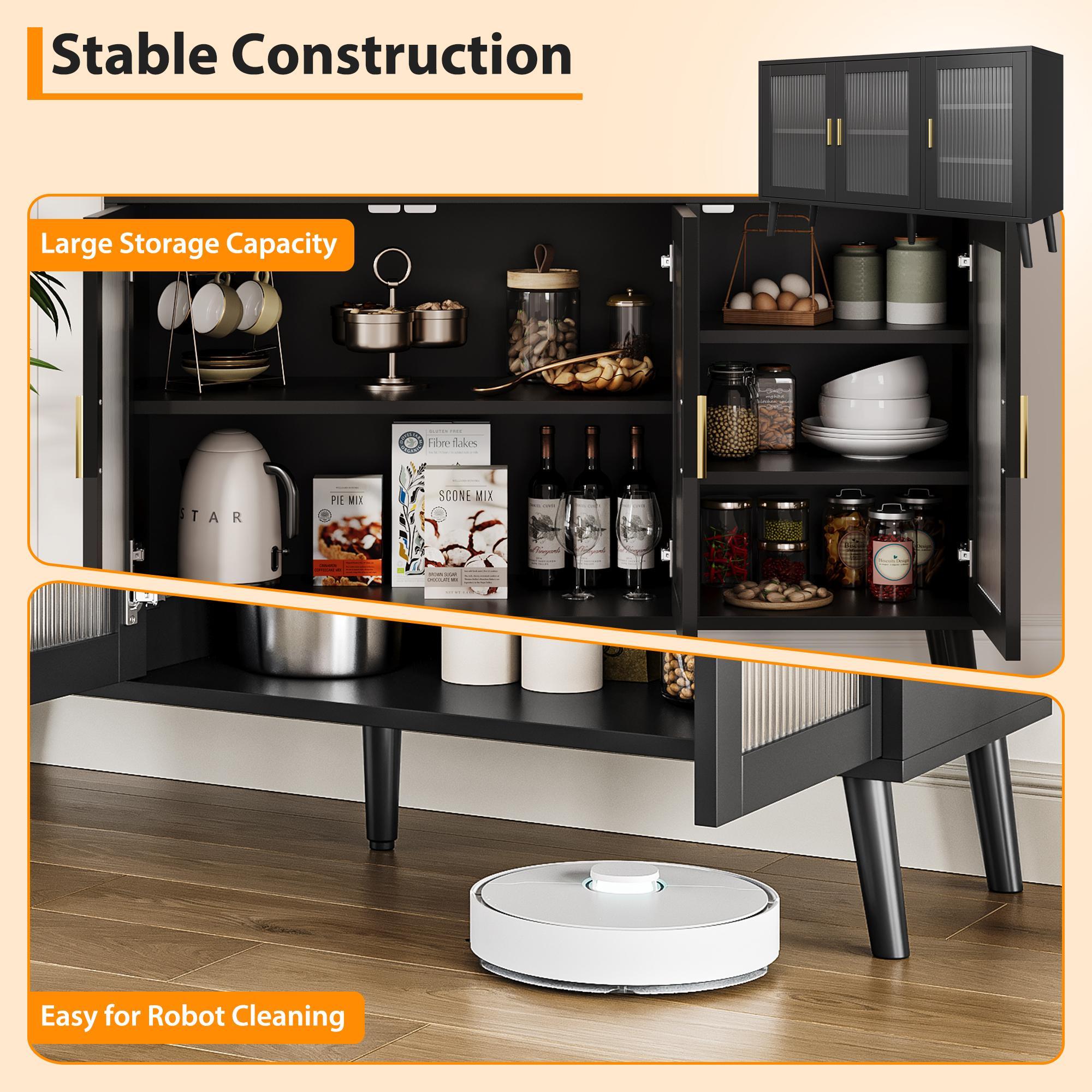 Modern Fluted Glass Sideboard Buffet Cabinet with Ample Storage, 48 Inch Stylish Dining Room Console, Versatile Multi-Use Cabinet for Kitchen, Living Room, TV Stand & Coffee Bar, Mid Century Accent Furniture