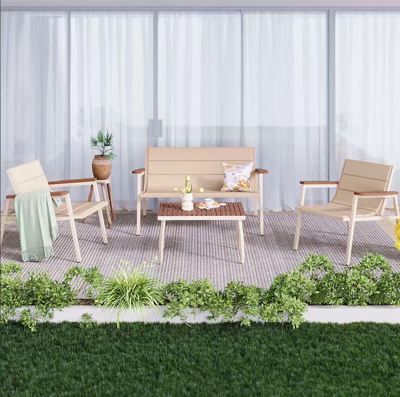 Suntone Modern 4-Piece Patio Conversation Set All-Weather Outdoor Furniture with Acacia Wood Table & Beige Cushions
