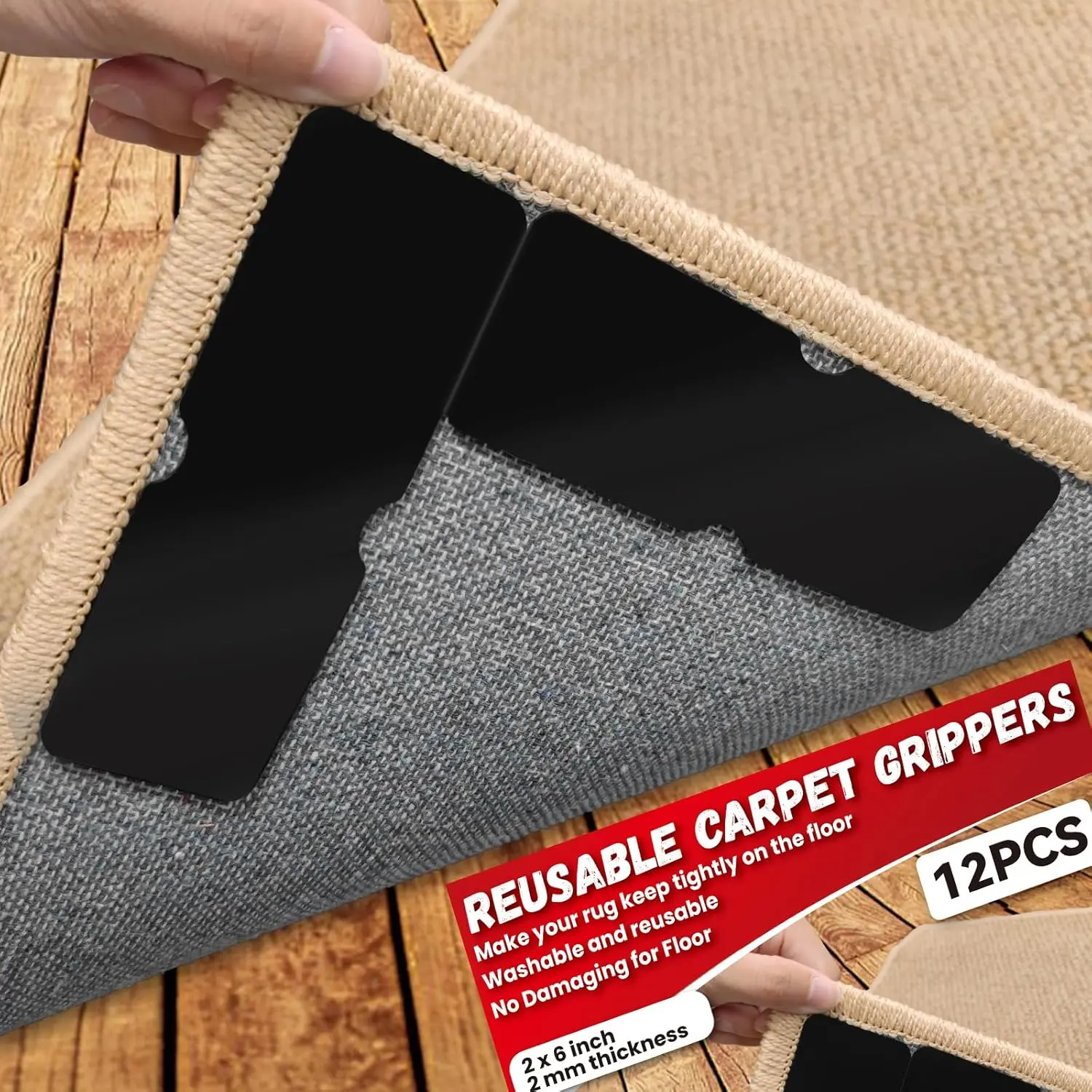 Rug Carpet Non Slip Grippers, Reusable and Washable Double Sided Carpet Tape Pads,  Adhesive Grippers for Area Rugs, Keep Corners Flat, No Damaging for Floor Removable, 12 count