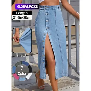OBlue Jeans Women's  Button Front Light Wash Denim Split Hem Skirt, Casual Fashion Fitted Skirt for Daily Wear, Ladies Bottoms for All Seasons, Button Fly Skirt, T-Chic