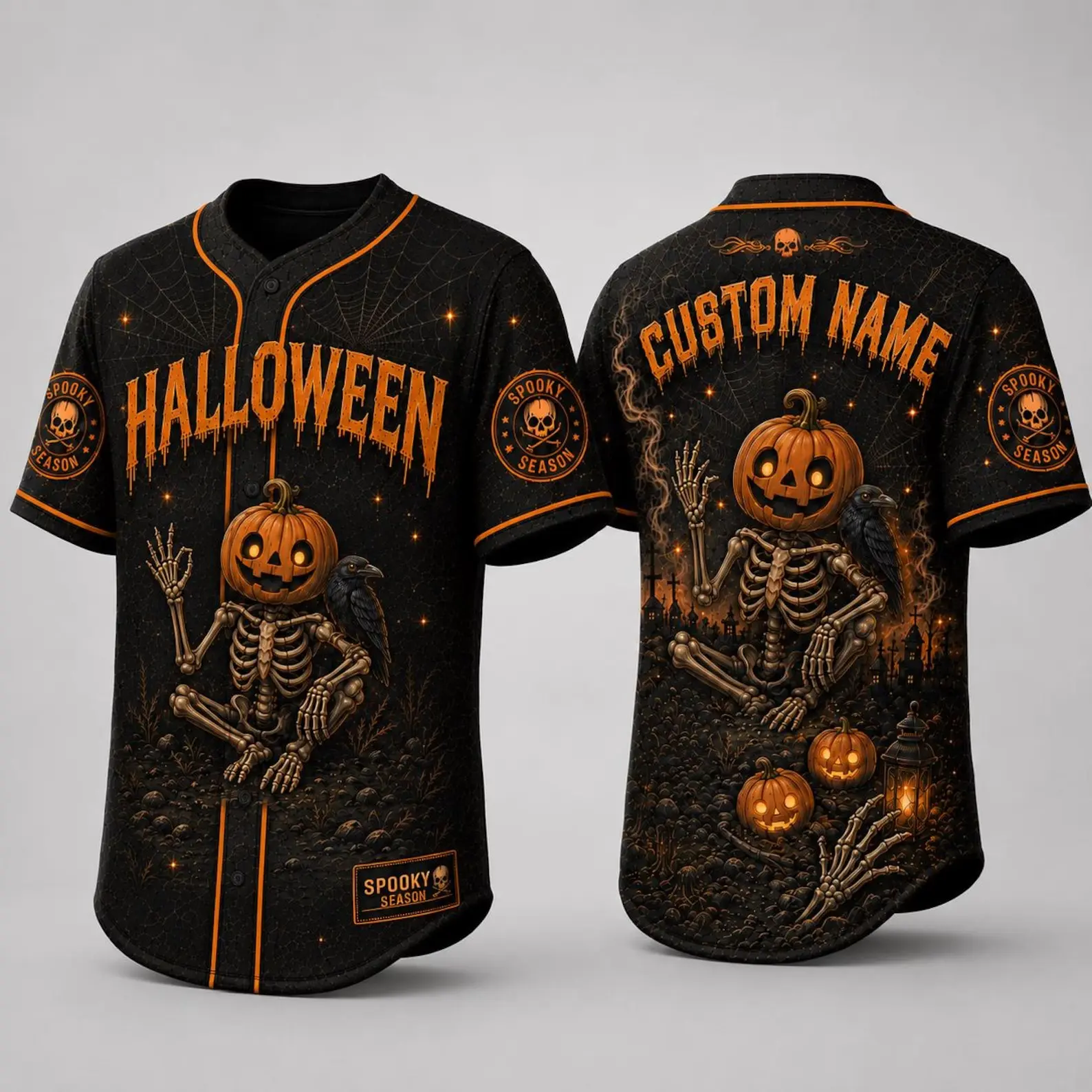 Custom Halloween Baseball Jersey - Personalized Pumpkin Skeleton Button-Down Shirt with Custom Name for Spooky Season sohochic