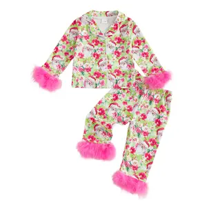 REDWOON Toddler Baby Girl Christmas Fuzzy Pajamas Set Santa Claus & Floral Button Down Shirt and Pants Holiday Pjs for Kids Loungewear Set