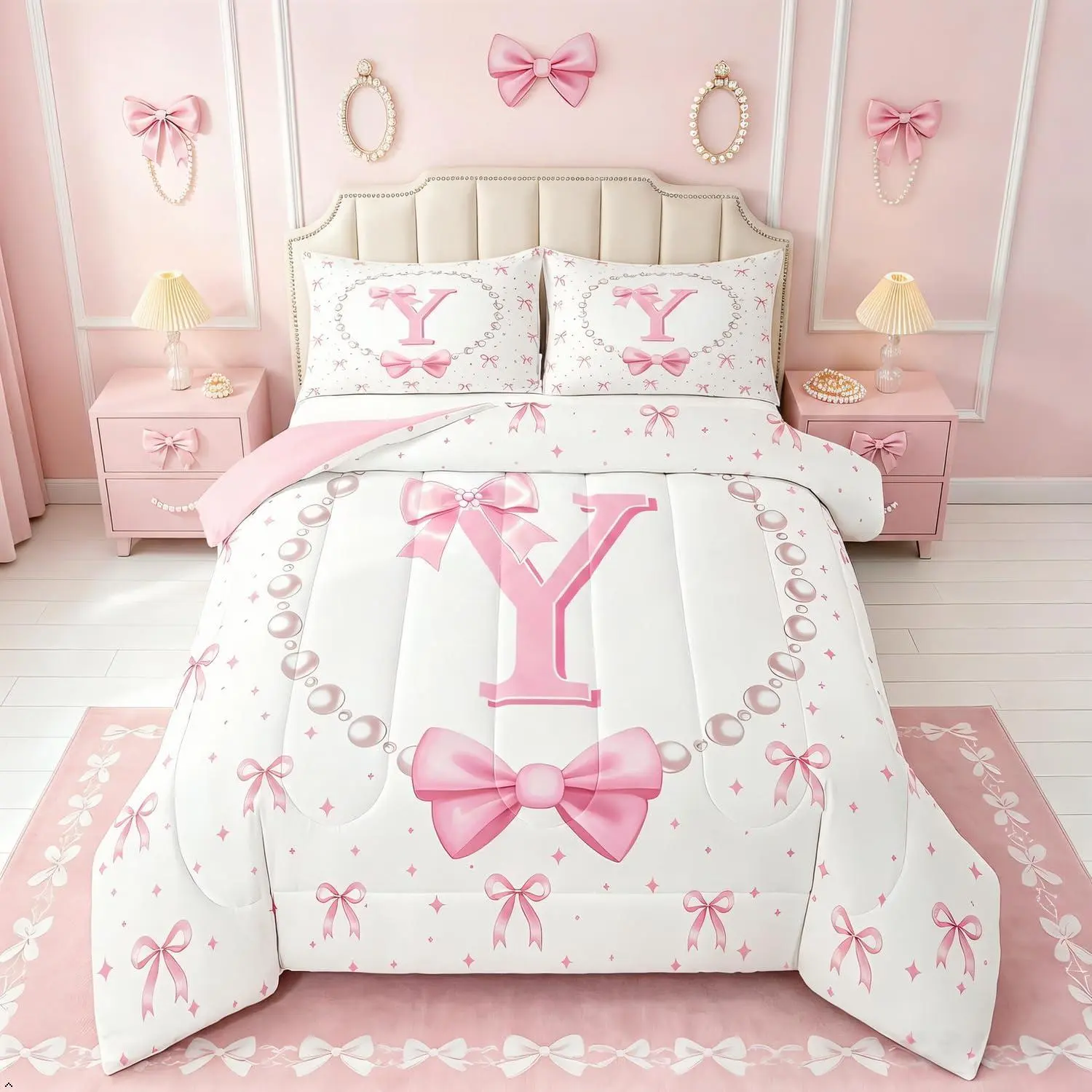 Pink Coquette Bow Comforter Set - Initial Letter Bowtie Bedding Sets Women,Pink Ribbon Bows Bed Set,Monogrammed Bowknot Room Decor