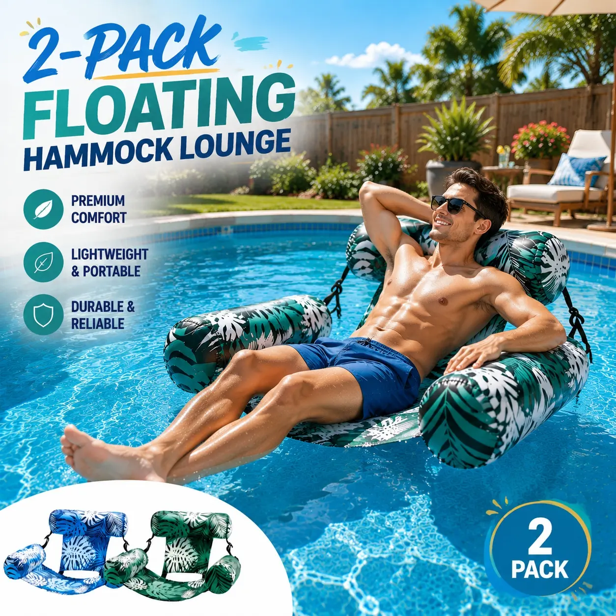 2 Pack Water Floating Hammock Lounger for Adults, Inflatable Pool Chair with Support Backrest, Mesh Multi-Purpose Pool Float Seat, Portable Water Raft for Pool Lake Beach Summer Backyard Relaxation