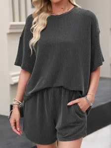 Women's Solid Ribbed Short Sleeve Tee & Shorts, Basic Casual Loungewear Two-piece Set for Summer, Ladies Clothes for Daily Wear, Womenswear