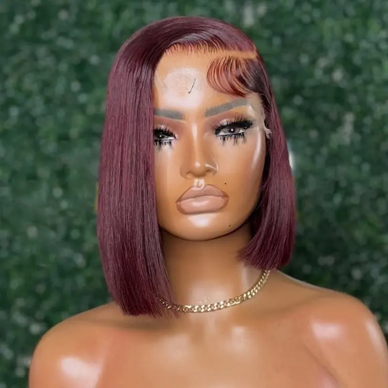 180% Density Human Hair Purplish Burgundy Straight Bob Wig Pre Plucked Bleached Knots 13x4 Lace Front Straight Short Bob Wig Dark 99j Colored for Women Beginner Friendly