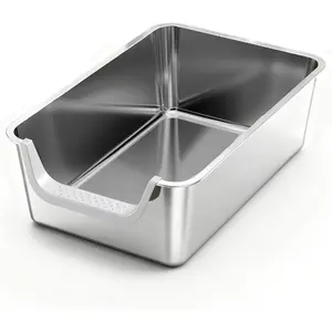 Stainless Steel Litter Box with High Sides,23.6" L X 15.7" W X 7.8" H,   Litter Box,XL Kitty Metal Liter Box for Indoor Big ,Non-sticky,Anti-Leakage(Entry  Short Side)