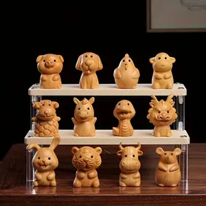 12pcs Natural Solid Wood Zodiac Ornaments Set, Complete A Set of Cute Wooden Carvings, Mouse, Cow, Tiger, Rabbit, Dragon, Snake, Horse, Sheep, Monkey, Chicken, Dog, Pig, Small Magical Gifts bouquet  flowers fake religious ornament home laundry room  Black