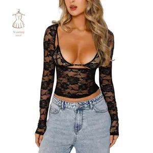 Women Floral Lace Tops Low Cut Sheer Long Sleeve Pullovers Fitted Crop Shirt with Bra Summer Streetwear Clubwear Polyester Womenswear Blouse Fashion Matching Basic