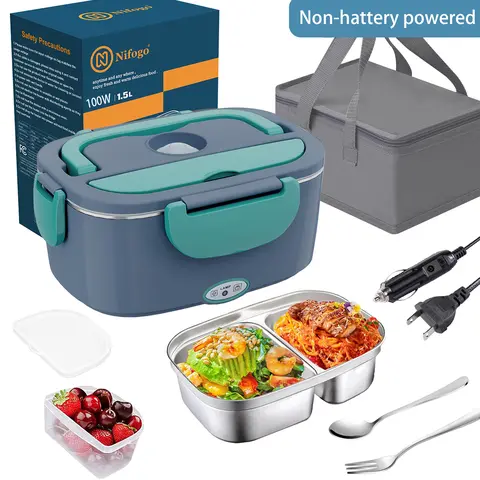 Nifogo 100W Fast Heat Heating Lunch Box for Adults - 1.5L Stainless Steel Thermal Container, 12V Car-Ready, Easy to Clean, with Fork, Utensils, Insulated Case, Classic Black (Boxed for Office Use)